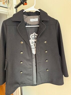 Dior Black Double-Breasted Wool Pea Coat with Crest Lining